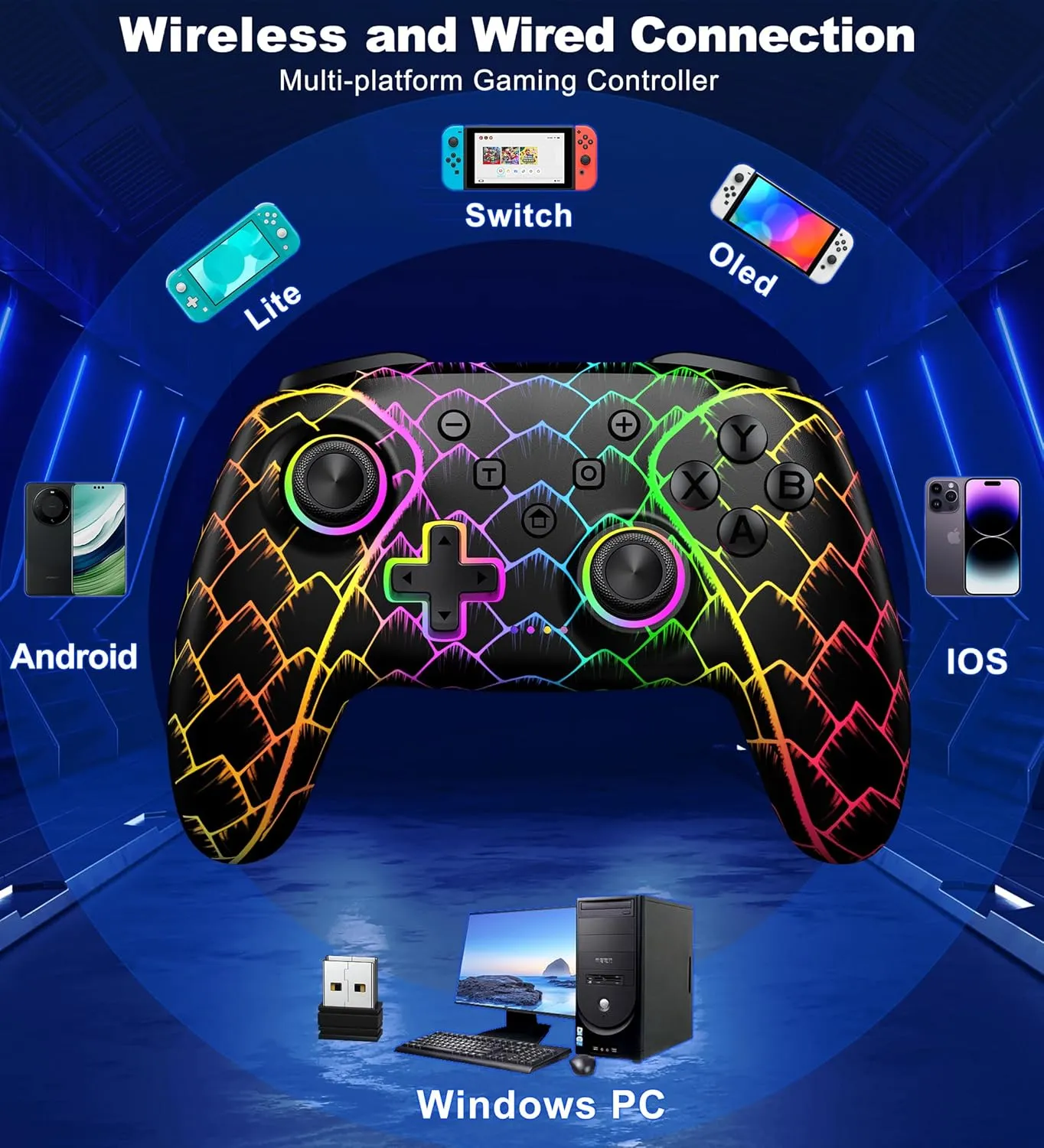 Wireless PC Controller, Bluetooth Controller, with Hall Effect Joysticks & Triggers, No Dead Zone, No Stick Drift, Controller for PC, Switch, iOS and Android, Cool Dynamic Light, 1000mAh Battery