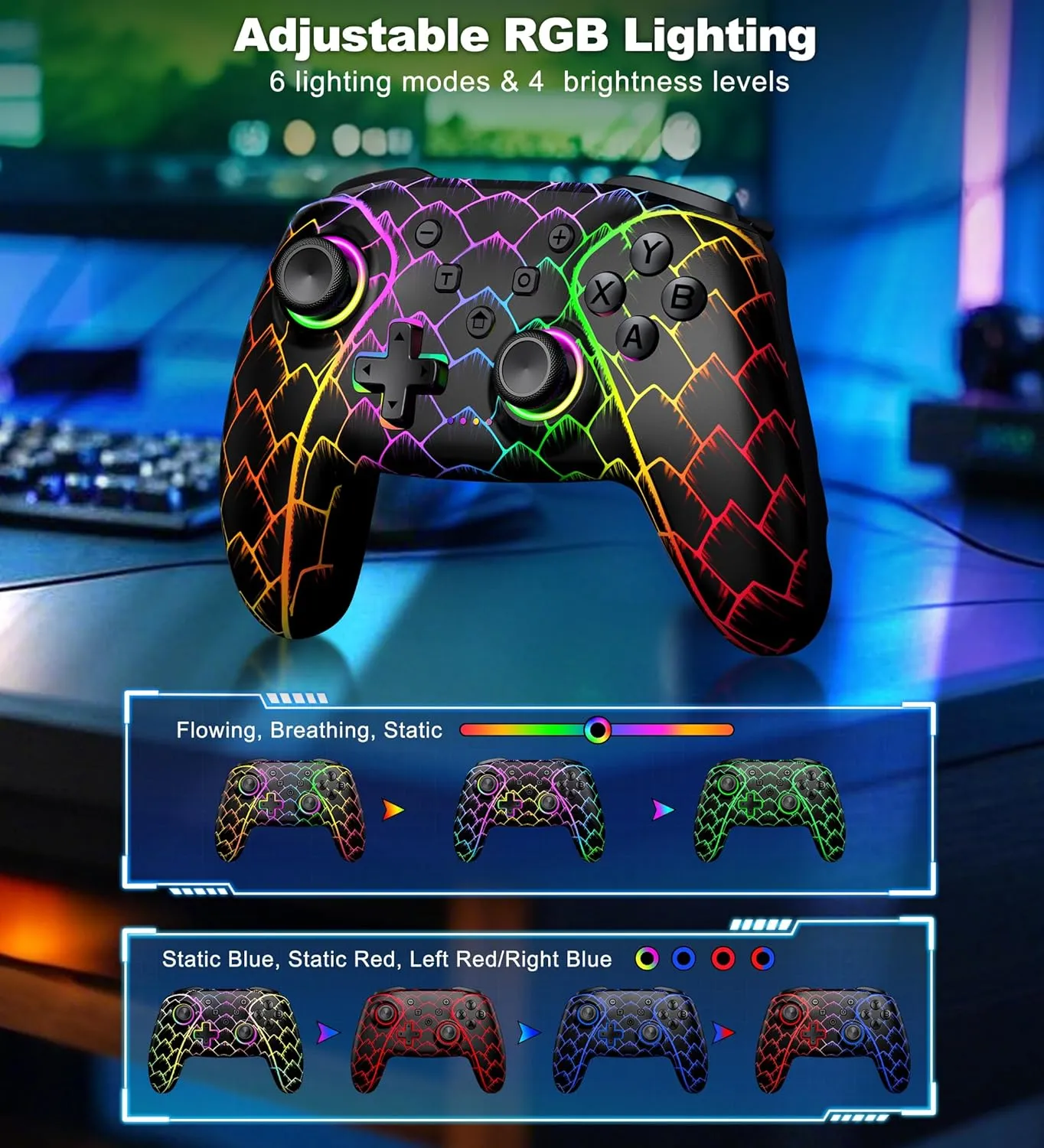 Wireless PC Controller, Bluetooth Controller, with Hall Effect Joysticks & Triggers, No Dead Zone, No Stick Drift, Controller for PC, Switch, iOS and Android, Cool Dynamic Light, 1000mAh Battery