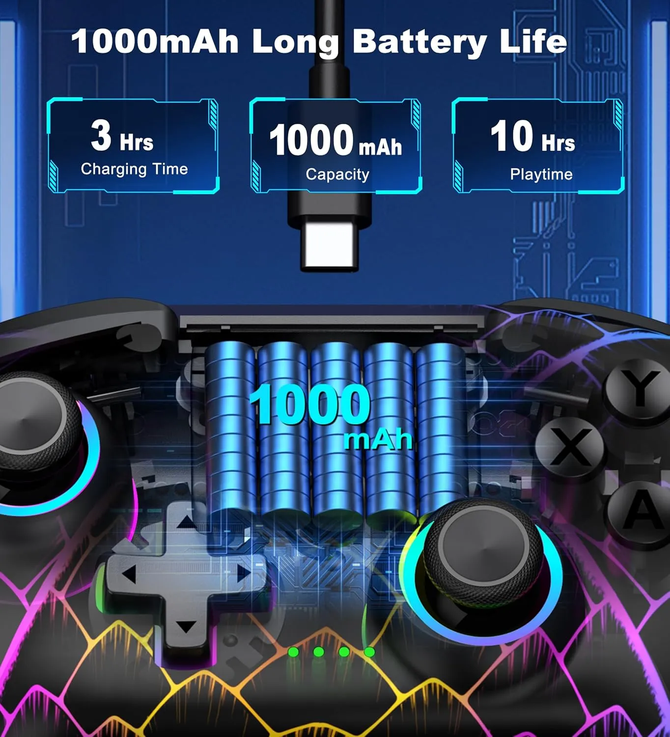 Wireless PC Controller, Bluetooth Controller, with Hall Effect Joysticks & Triggers, No Dead Zone, No Stick Drift, Controller for PC, Switch, iOS and Android, Cool Dynamic Light, 1000mAh Battery