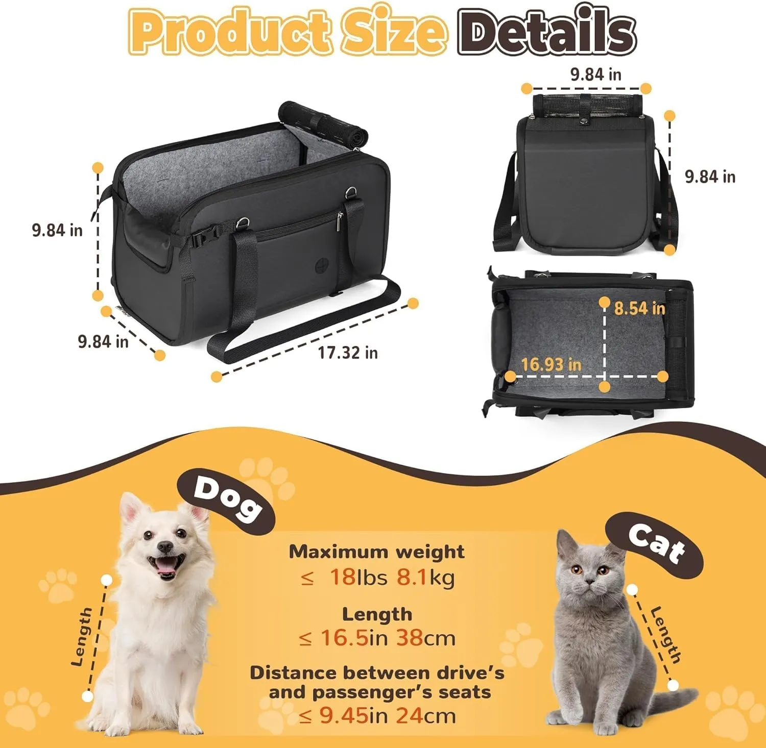 YUDODO 18 lbs Pet Dog Car Seat Large Center Console (Width >9in) Puppy Cat Travel Portable Booster Seat Anti-Slip Dog Car Bed Carseat PU Leather Dark Black