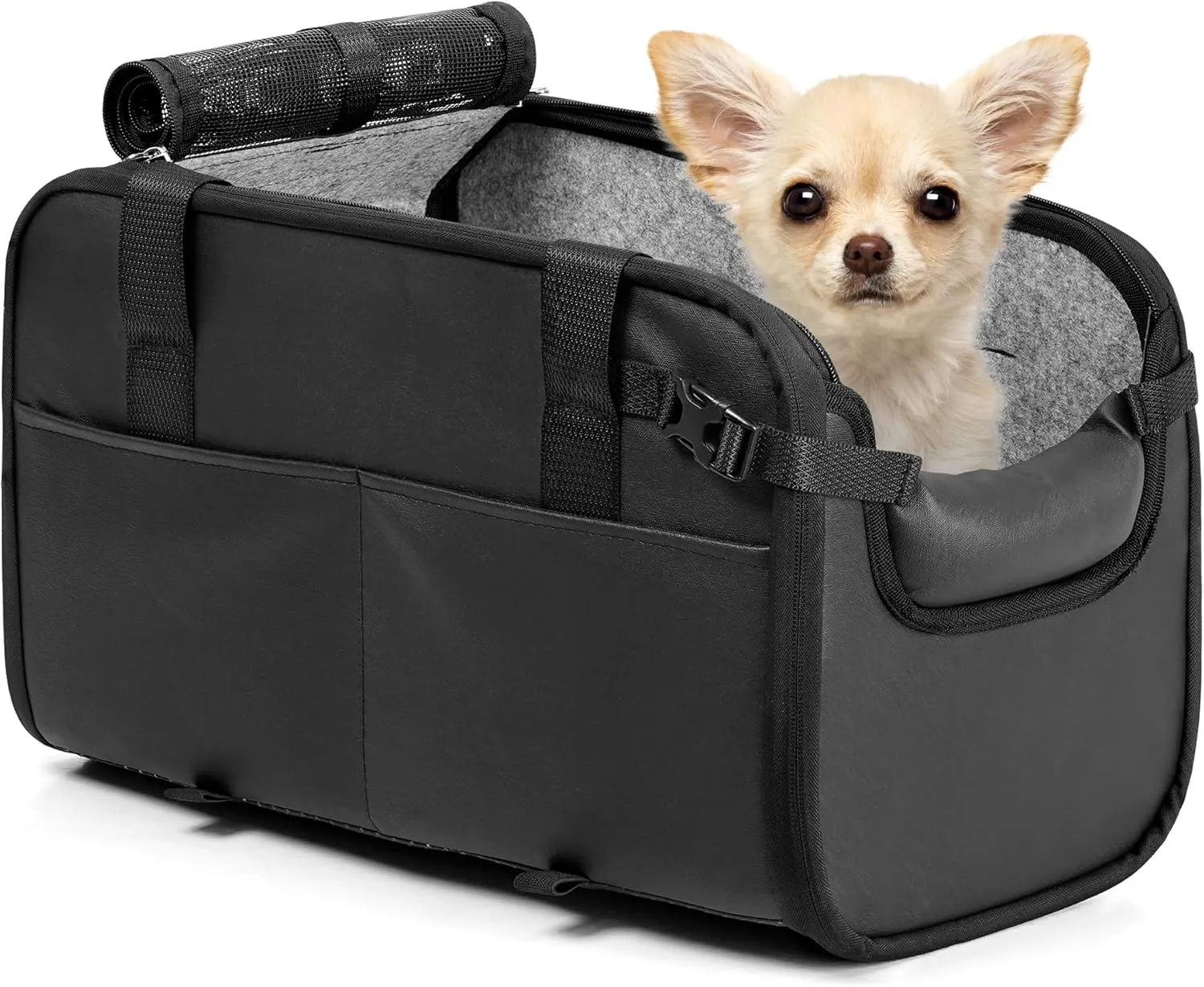 YUDODO 18 lbs Pet Dog Car Seat Large Center Console (Width >9in) Puppy Cat Travel Portable Booster Seat Anti-Slip Dog Car Bed Carseat PU Leather Dark Black