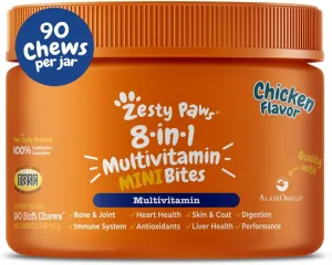Zesty Paws Dog Multivitamin, Chewable Dog Vitamins and Supplements for Hip & Joints, Skin & Coat, Omega 3 Fish Oil for Dogs- Senior & Puppy Multivitamin - Chicken Mini Bites- 90ct