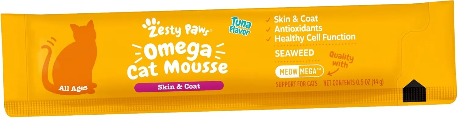 Zesty Paws Omega Cat Mousse Squeezable Cat Treats - with Seaweed, Omega Fatty Acids, Antioxidants Vitamins & Minerals - Skin & Coat Support for Cats - Tuna Fish Flavor - 18 Count