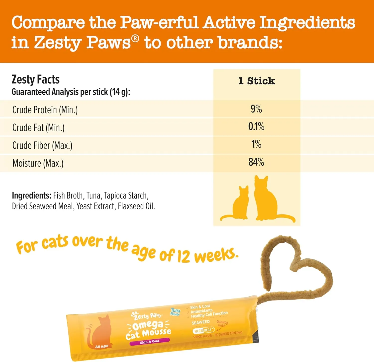Zesty Paws Omega Cat Mousse Squeezable Cat Treats - with Seaweed, Omega Fatty Acids, Antioxidants Vitamins & Minerals - Skin & Coat Support for Cats - Tuna Fish Flavor - 18 Count