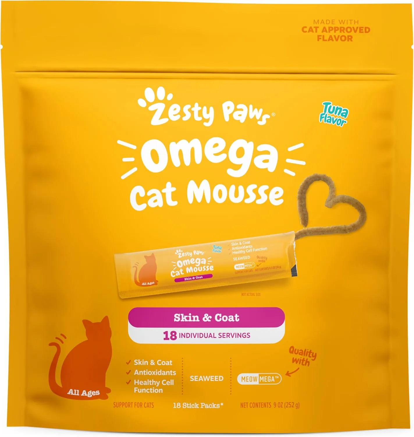 Zesty Paws Omega Cat Mousse Squeezable Cat Treats - with Seaweed, Omega Fatty Acids, Antioxidants Vitamins & Minerals - Skin & Coat Support for Cats - Tuna Fish Flavor - 18 Count