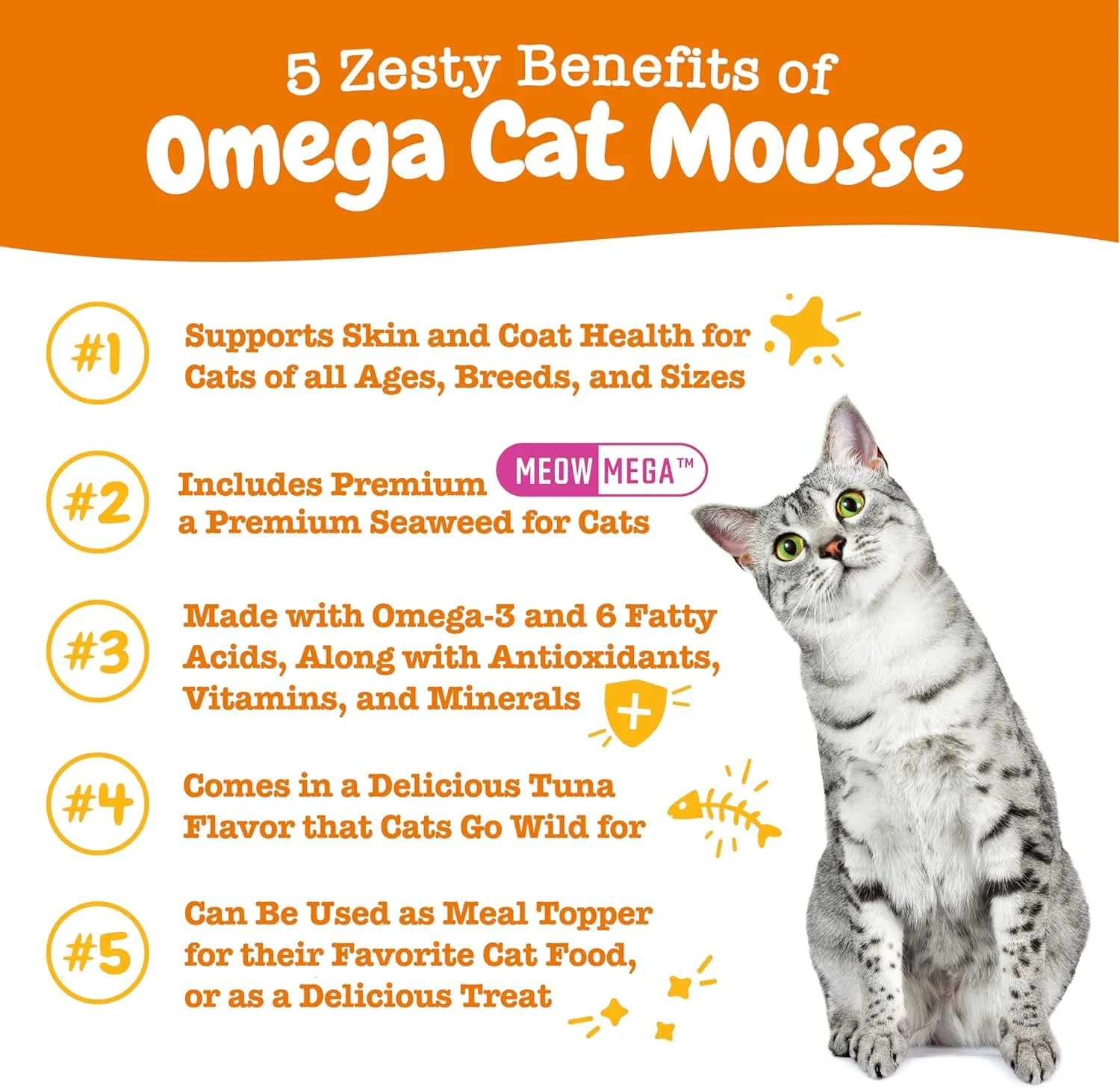 Zesty Paws Omega Cat Mousse Squeezable Cat Treats - with Seaweed, Omega Fatty Acids, Antioxidants Vitamins & Minerals - Skin & Coat Support for Cats - Tuna Fish Flavor - 18 Count